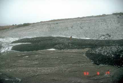 Photograph of geologist in the distance walking on lahar deposit
