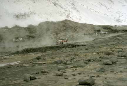 Photograph of steaming lahar deposit