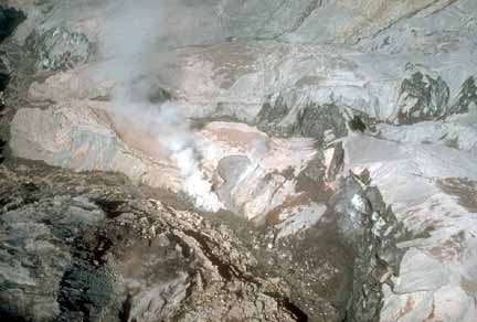 Photograph of steam billowing from pyroclastic flow deposits