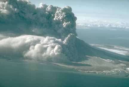 Photograph of pyroclastic flow descending the flank of Augustine Volcano