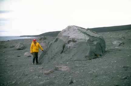 Photograph of fragment larger than the geologist standing next to it