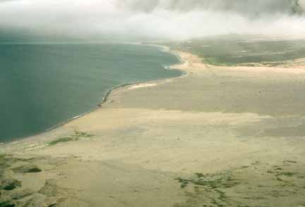 Photograph of light-colored pyroclastic flow deposits that reached the sea
