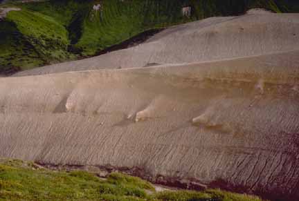 Photograph of light-colored ash deposit cut by river