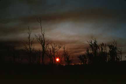photo 020.  Wide-angle photo of tiny red sun in an otherwise dark-to-black desolate landscape with ashy clouds in the air