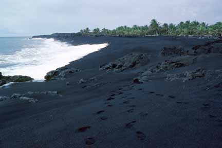 photo 046.  Photo of black-sand beach with waves lapping.  Low forest inland