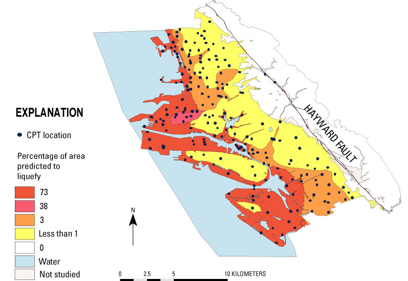 map showing liquefaction-scenario shaking map of the greater Oakland, California, area