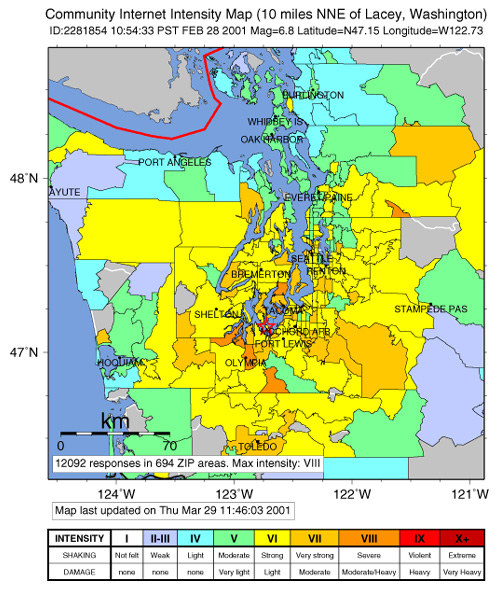 community made map showing earthquake intensity for the Nisqually earthquake on 2/28/01 in Washington state