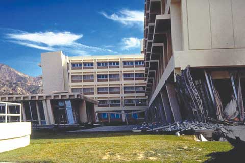 Photograph showing the severe damage to the Olive View Hospital in San Fernando, California, as a result of the 1971 magnitude 6.7 earthquake