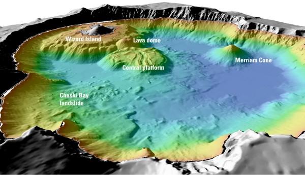 Illustration of features beneath surface of Crater Lake 