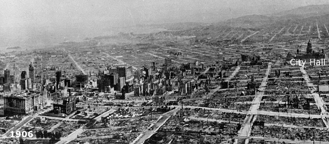 Photograph taken of San Francisco in 1906 showing devastation from 1906 earthquake