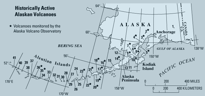 map showing locations of volcanoes of Alaska, and the volcanoes that are 