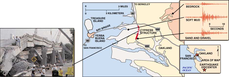 Photo and map of collapsed Cypress structure in Oakland, California