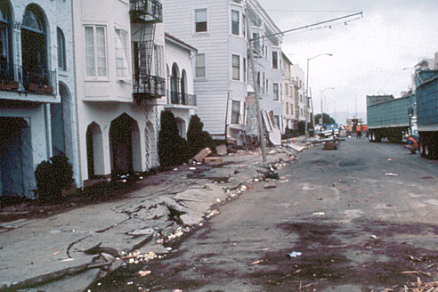 Heavily damaged buildings in the Marina District of San Francisco