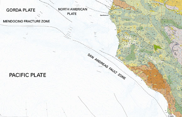 image showing location of the San Andreas Fault zone, the Mendocino Fracture zone, and the Pacific, Gorda, and North American plates.