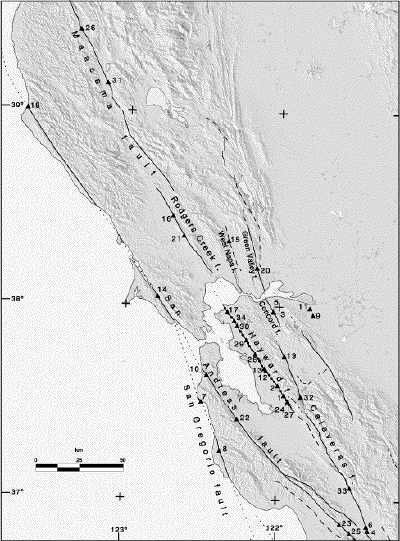 Locations of alinement arrays. Regular arrays shown as triangles, afterslip arrays on Hayward Fault shown as dots. P, Point Pinole.