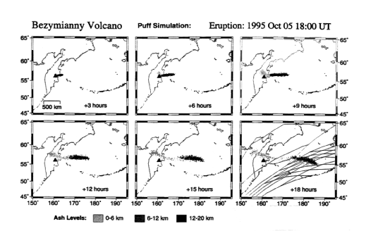 Figure 9. Simulated images generated when satellite observations were not available from a tracking model showing the location of airborne ash ejected from Bezymianny Volcano.